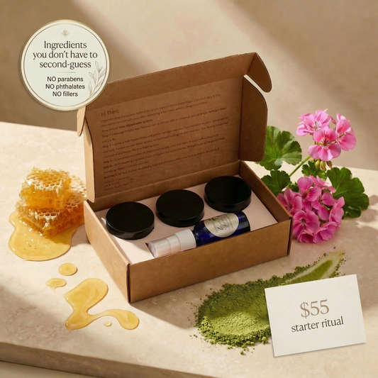 Natural Skincares starter kit with ingredients and packaging on a neutral background